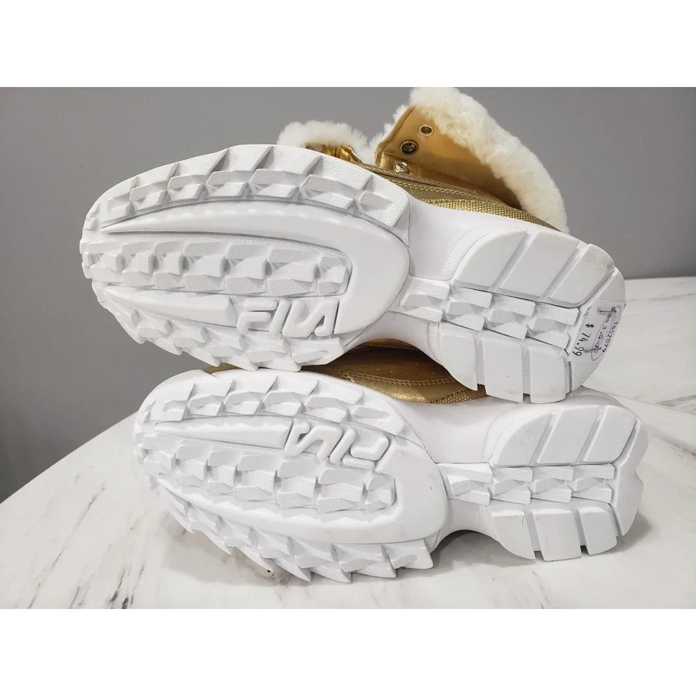 NEW NO BOX 5.5 WOMENS FILA Disruptor Shearling Winter Snow Boots Foldover GOld
